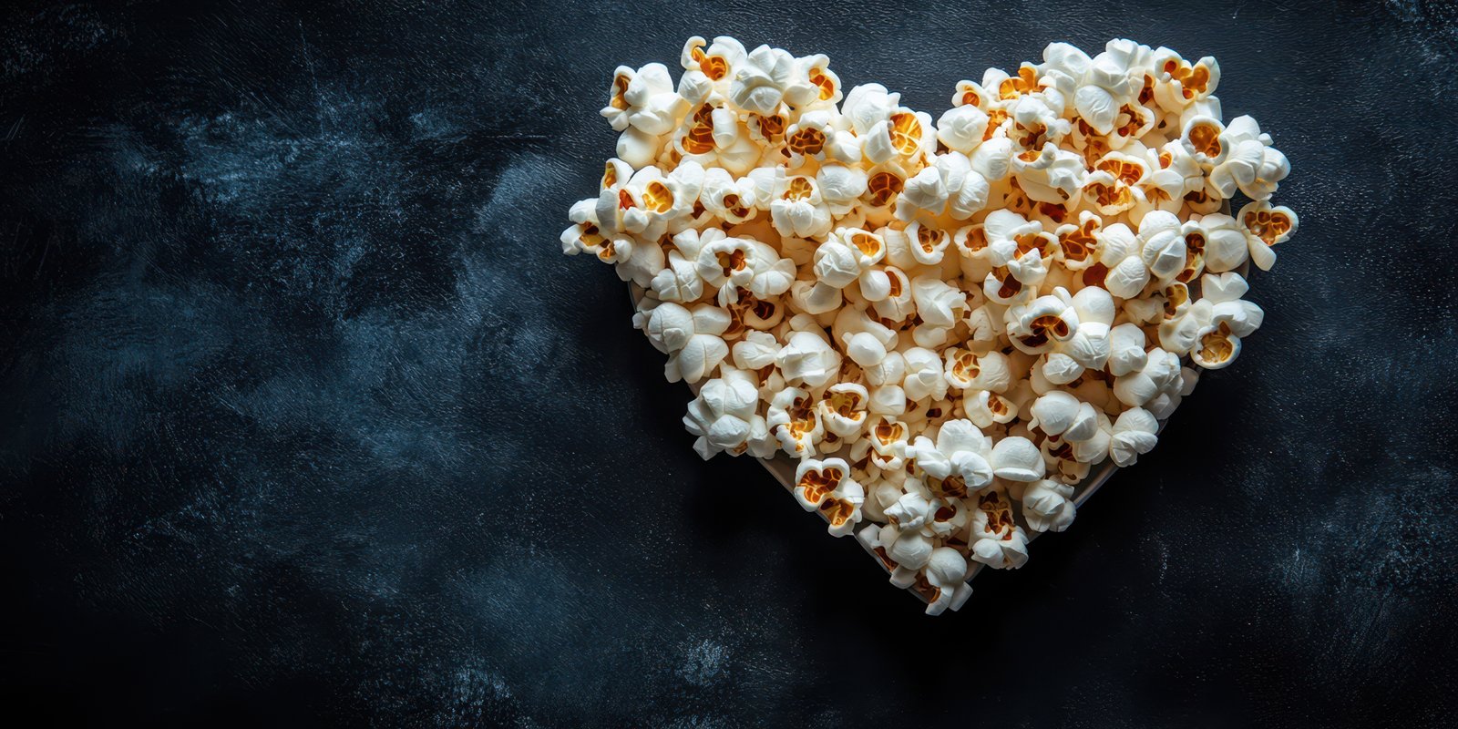 Popcorn shaped like a heart on a dark surface creates a cozy atmosphere for movie night